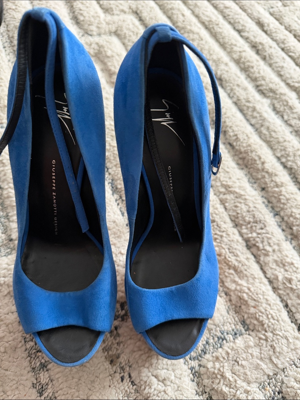 Giuseppe Zanotti Cobalt Blue Suede Peep-Toe Slingback Heels